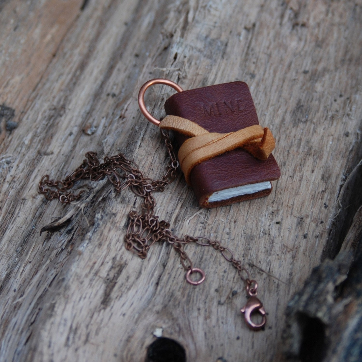 Book Necklace: Large, Brown, Tied, Personalized, Custom.