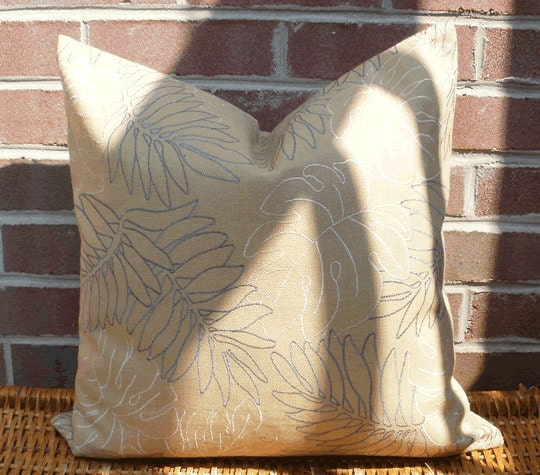 Decorative Pillow Cover: Designer Embroidery 18 X 18 Accent Throw Pillow Cover in Khaki