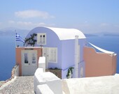 Blue and Pink Stucco House with White Wall, Oia, Santorini, Greece - High Quality Original Digital Photograph, Perfect for Framing