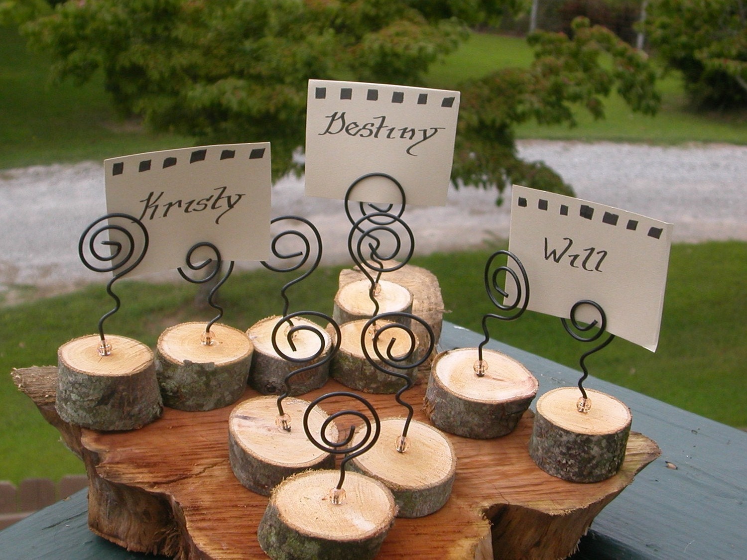 25 Rustic Wedding  holders/  Place card holder /name card holders, table number holders (Small Rustic Wire  CURL EARTHED in WOOD )