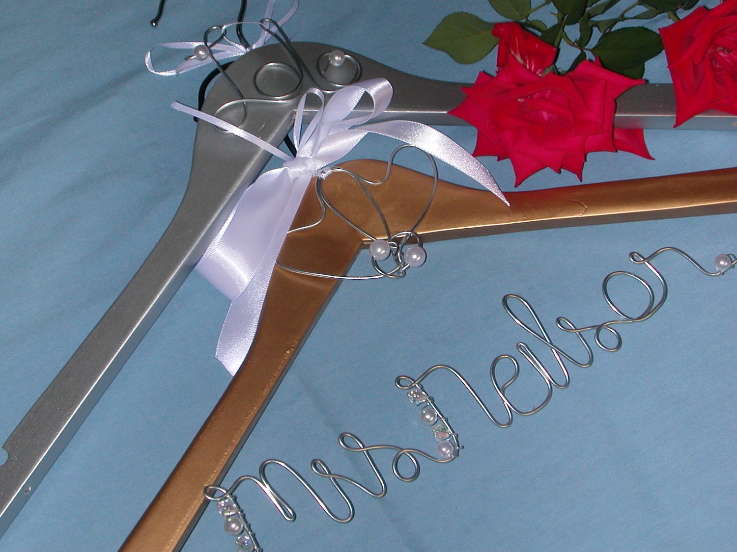 Artsy ' Burnished  GOLD or SILVER .. PERSONALIZED ....Bridal Wedding Dress Hanger with Pearls and Crystals