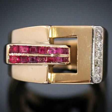 Retro ring diamond ruby yellow gold vintage jewelry 1940s