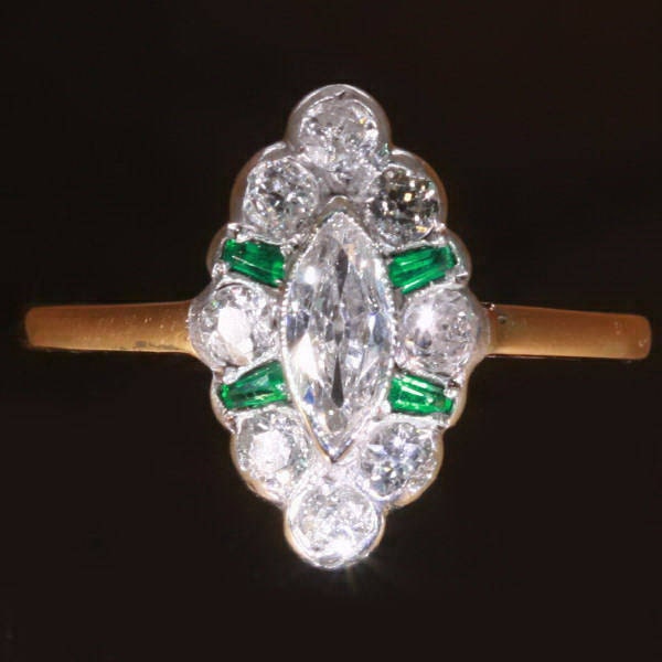 Marquise Diamond Engagement Ring Emerald 14K Yellow Gold Art Deco Jewelry