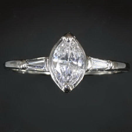 Vintage engagement ring navette cut diamond 14kt white gold - Adin Jewelry 08119-4101