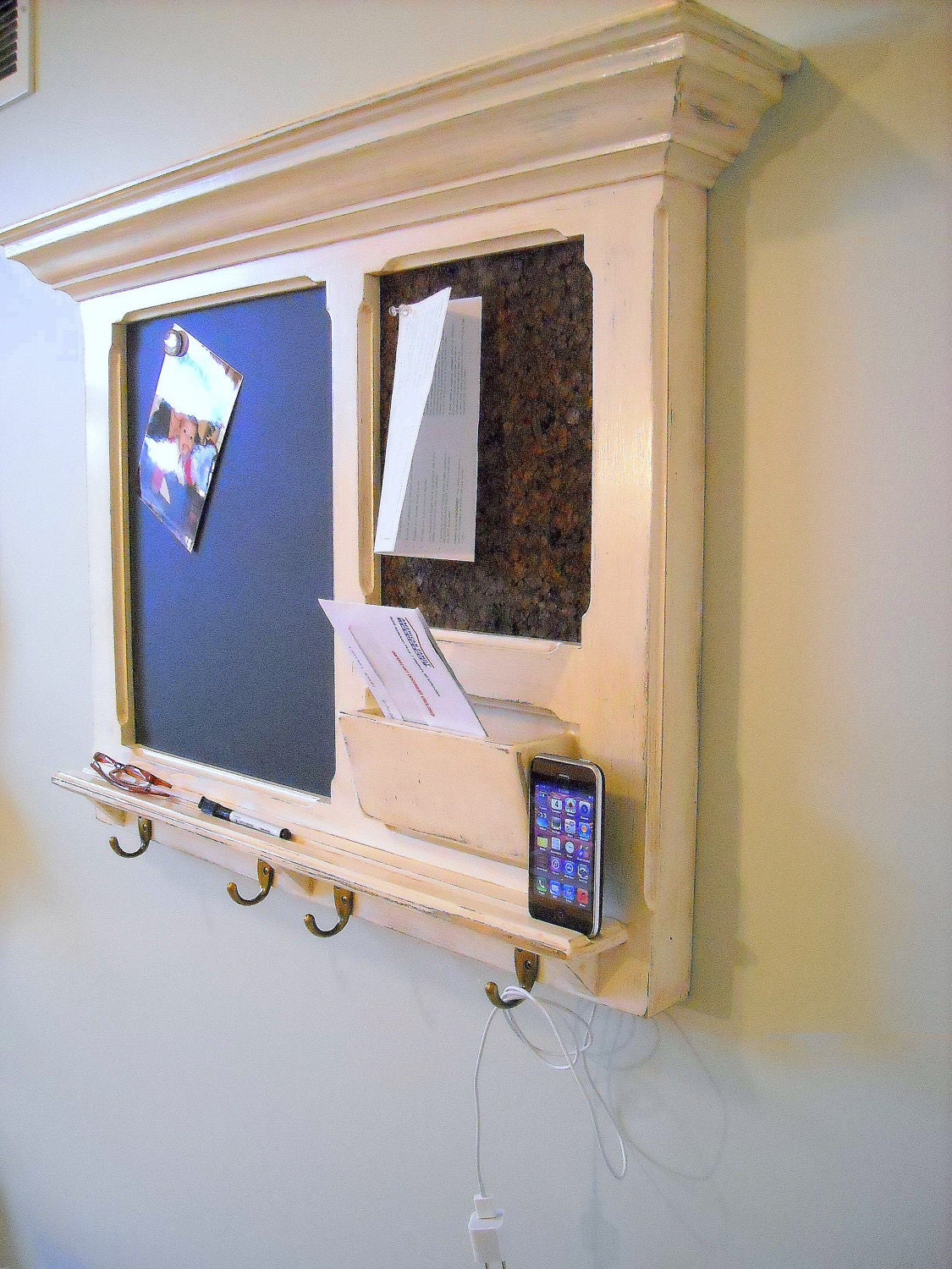 Another idea: An  iPhone Dock on a FitzWoodys Furniture Wood Framed Cork Bulletin Board or Chalkboard with Mail Slot, Keyhook, and Shelf
