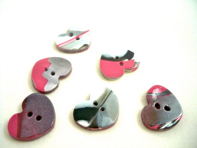 Pink and gray hearts buttons set of six handmade