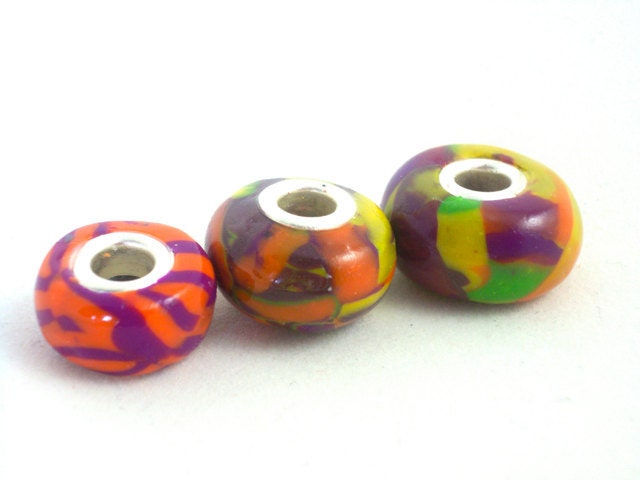 Bright beads european style polymer clay handmade orange, violet, yellow, green