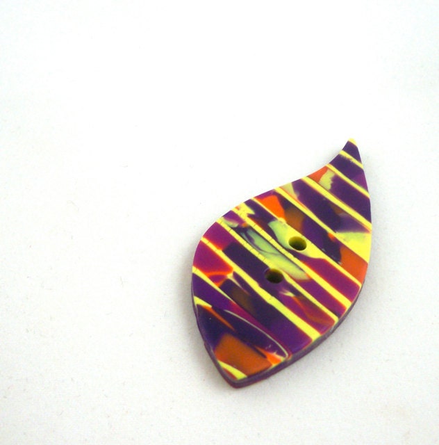 Large leaf button bright colors striped polymer clay yellow, violet, magenta orange
