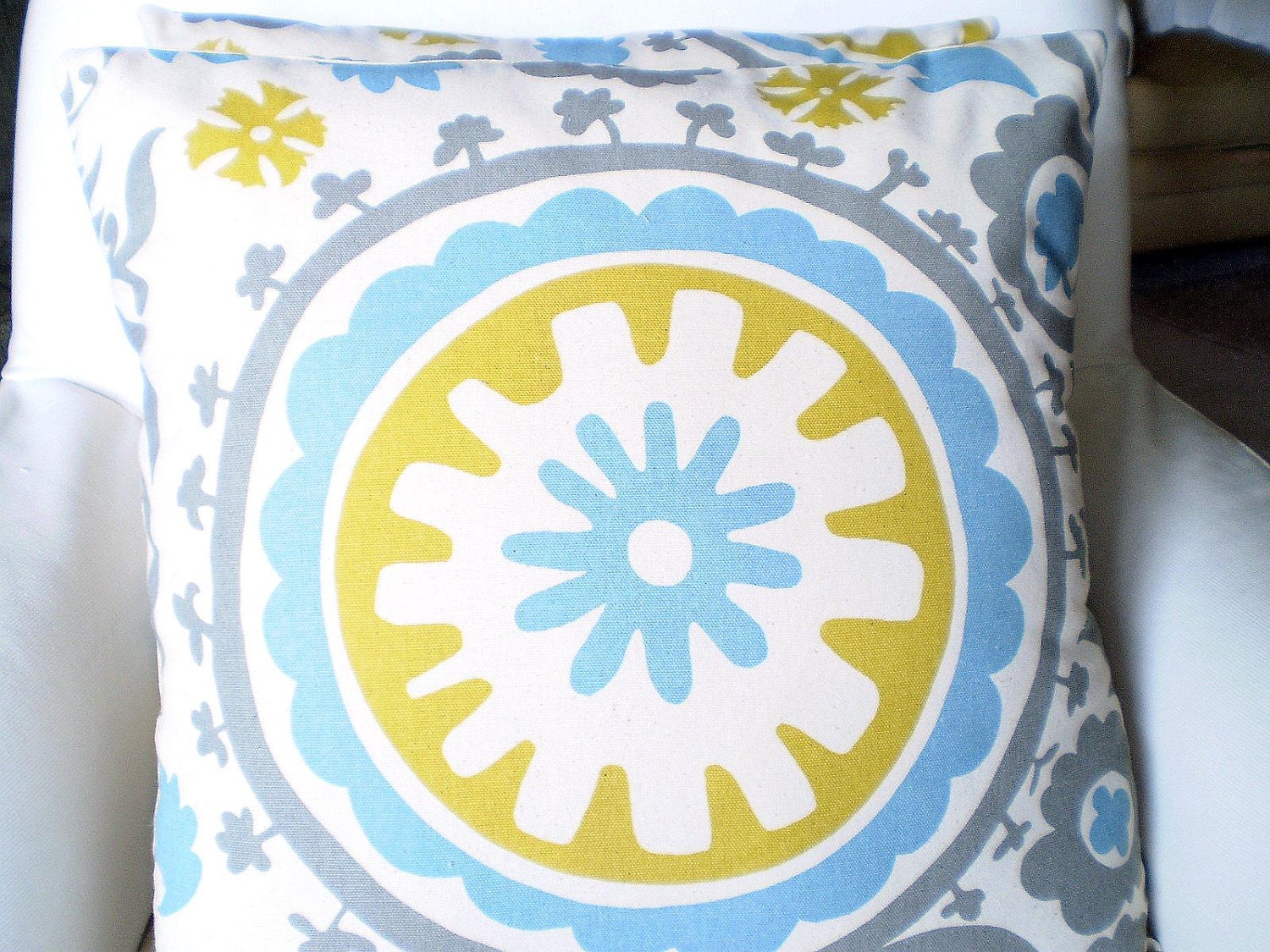 Pillows Decorative Pillows Accent Pillows Throw Pillows Cushion Covers Gray Citrine Aqua Cream Suzani  BOTH SIDES - One 18 x 18