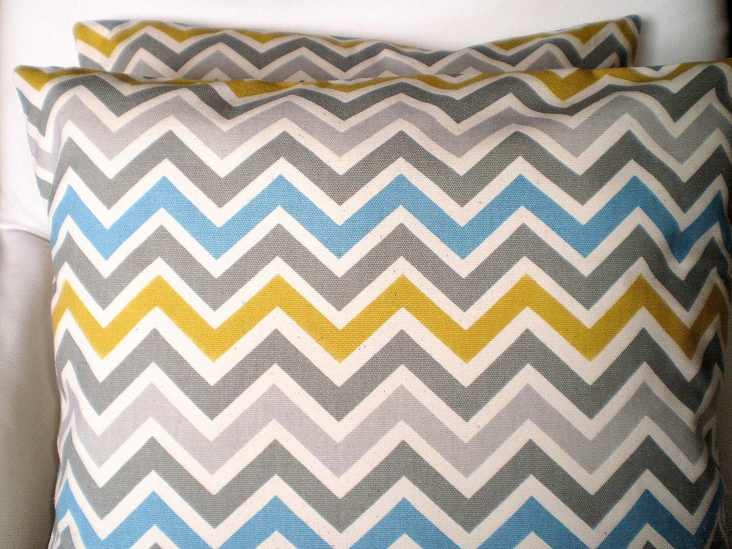 Decorative Pillows Throw Pillow Cushion Covers Aqua Gray Citrine Cream Zig Zag Chevron Zoom Zoom BOTH SIDES - Pair of Two 18 x 18