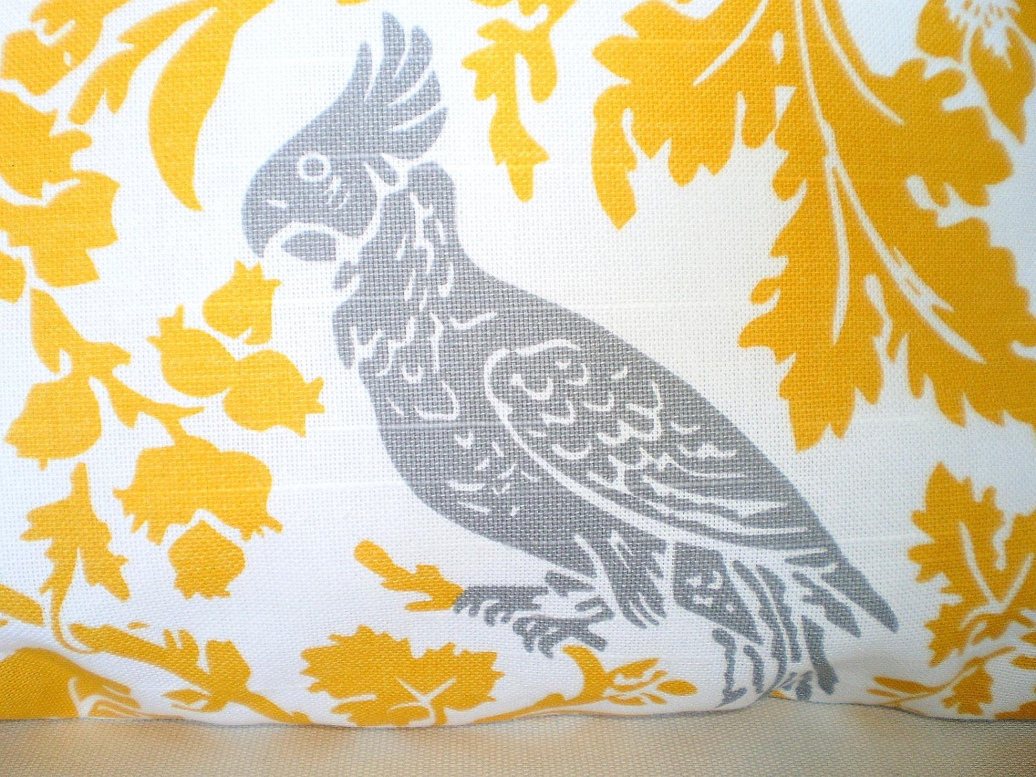 Throw Pillows Decorative Pillows Accent Pillows Cushion Covers Yellow White Floral Gray Bird BOTH SIDES - Pair of Two 18 x 18