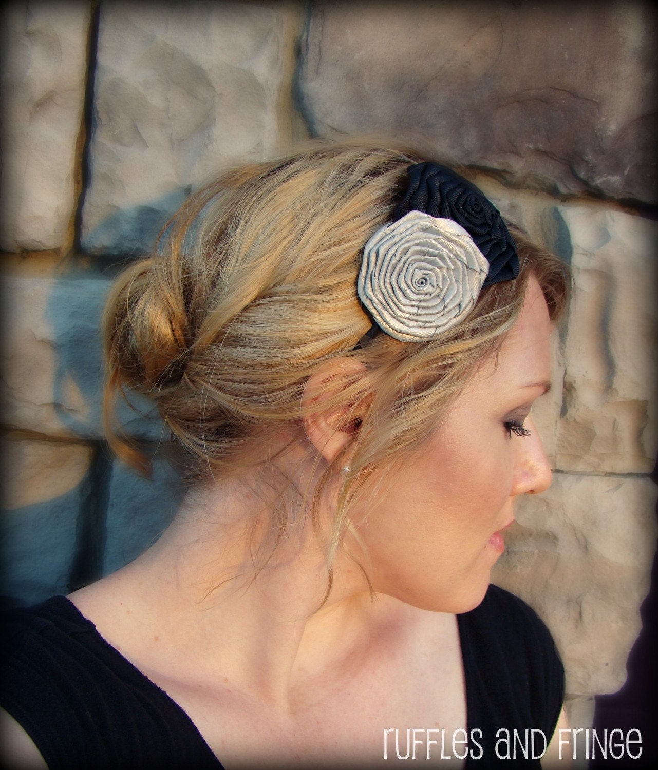 Black and Silver Double Folded Rose Headband for Women and Girls