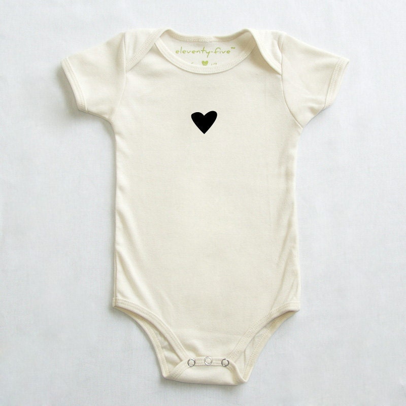 Black Heart Printed Organic Baby Bodysuit in Natural 3-6m, 6-12m, 12-18m