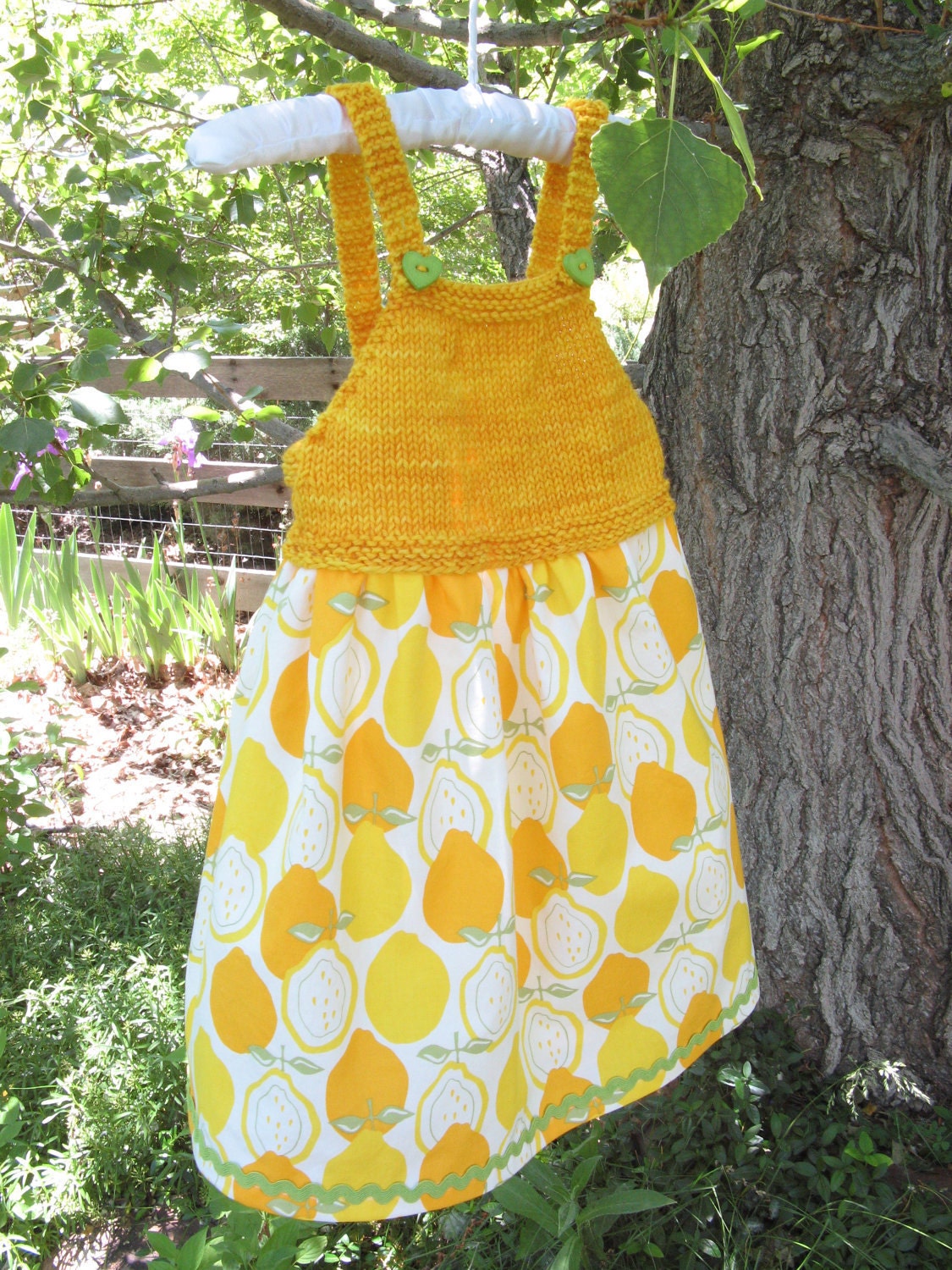 Golden Yellow Sunshine Sundress with Hand Knit Merino Bodice and Cotton Print Skirt, 18 Months to 2T
