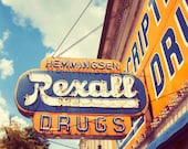 Vintage Sign Photograph, 5x5 Print, Retro Colors, Blue Sky, Yellow, Fine Art Photo, Bright Mustard Yellow