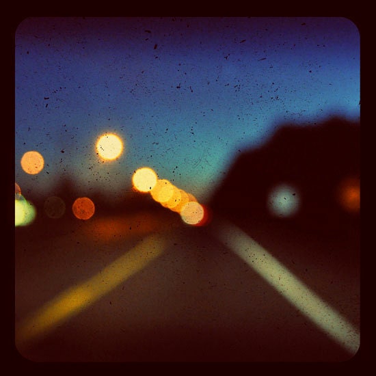 Abstract Landscape Photography, Intersect, 8x8 Photo, Deep Blue, Night Sky, Lights on Road, Driving, Fine Art Print