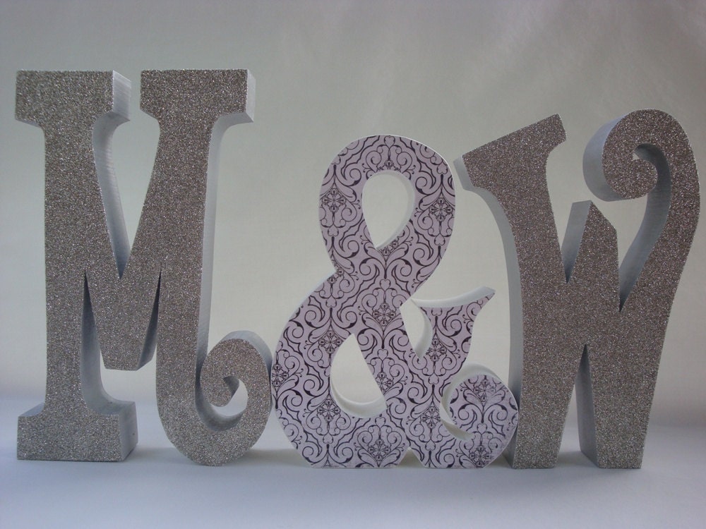 Set of 3 Custom Wood Letters Hand Painted and Decoupaged Wedding, Nursery, Gift, Black White and Silver