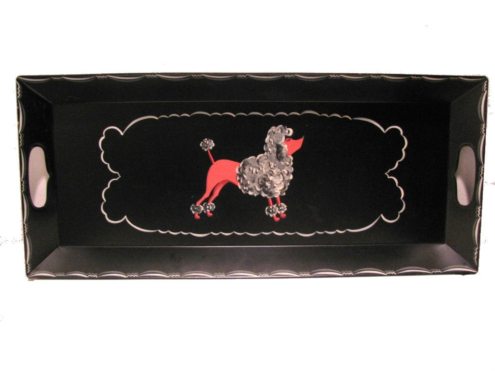 Vintage 1950's Hand Painted Pink Poodle Metal Hostess Serving Tray