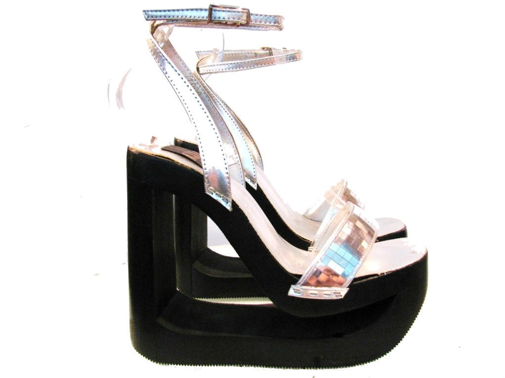 Vintage Silver Disco Ball Cyber Glam Platform Sandals sz 10