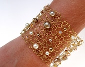 Modern Wide Gold Cuff Pearl Bracelet Wedding Jewelry Unique Wire Knit Golden Sunset lace wire mesh fresh water pearls