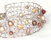 Pearl Cuff Bracelet. Modern Jewelry, exclusive artisan knit "OYSTER" jasper natural stone, Spring Fashion, blush, soft pastel - lapisbeach