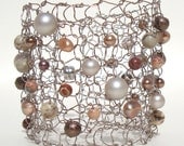 Pearl Cuff Bracelet Artisan Original Statement Bracelet Wide Wire Knit Jewelry Natural Neutral Stone "Terra Cotta" Peach Sepia Oyster