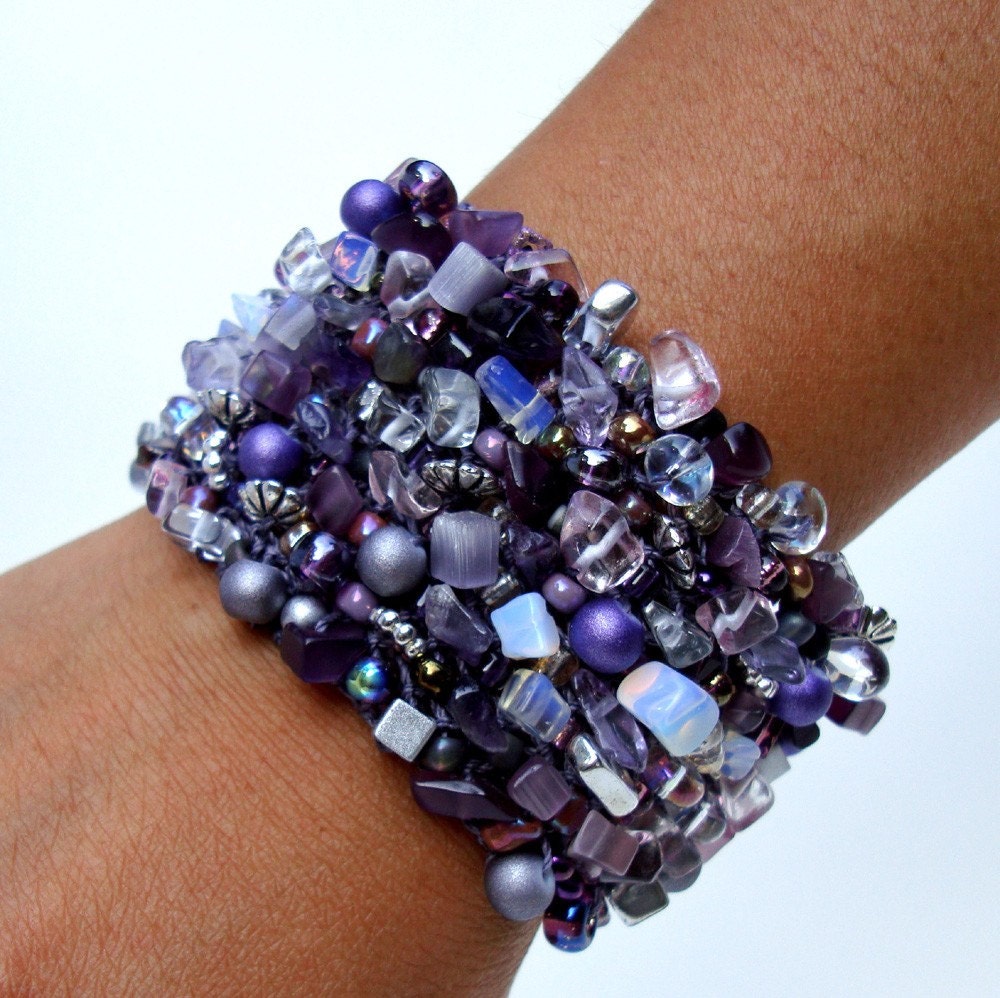Amethyst Statement Cuff Bracelet Unique Purple Lavender Beadwork Beaded Arm Cuff Semi Precious Stone Hand Knit Jewelry Plum Glam Cuff