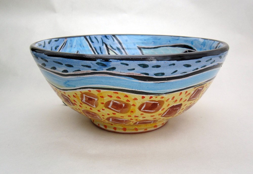Ceramic Handmade Bowl Pottery Clay Majolica Kitchen Earthenware  Blue Green Leaf