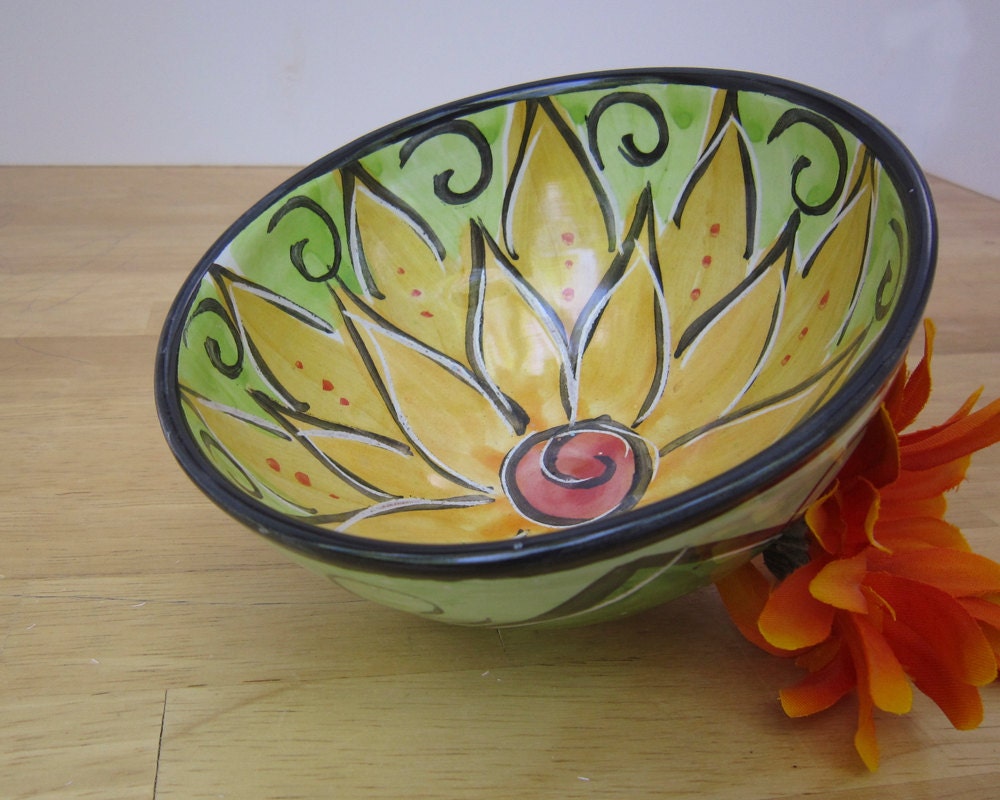 Handmade Majolica Pottery Serving Bowl Earthenware Ceramic Clay Yellow Lotus Flower