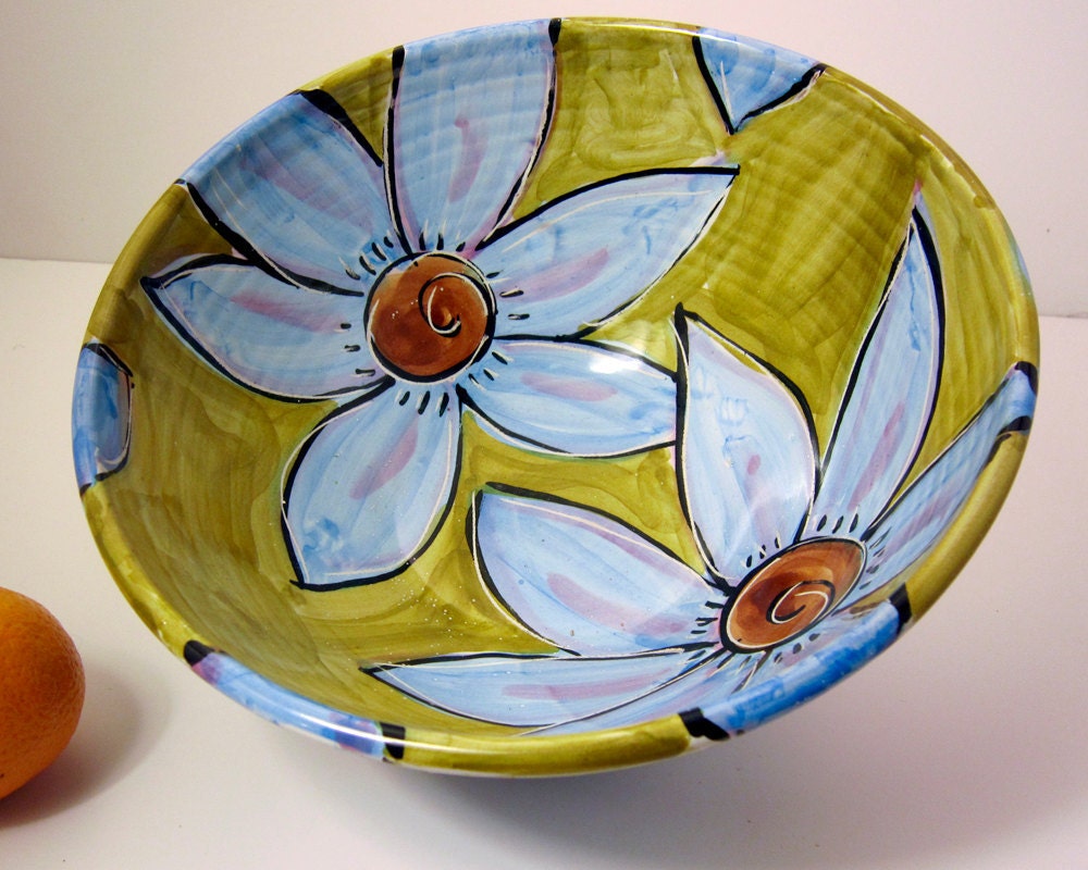 Ceramic Serving Bowl Majolica Earthenware Clay Turquoise Flowers on Olive Green
