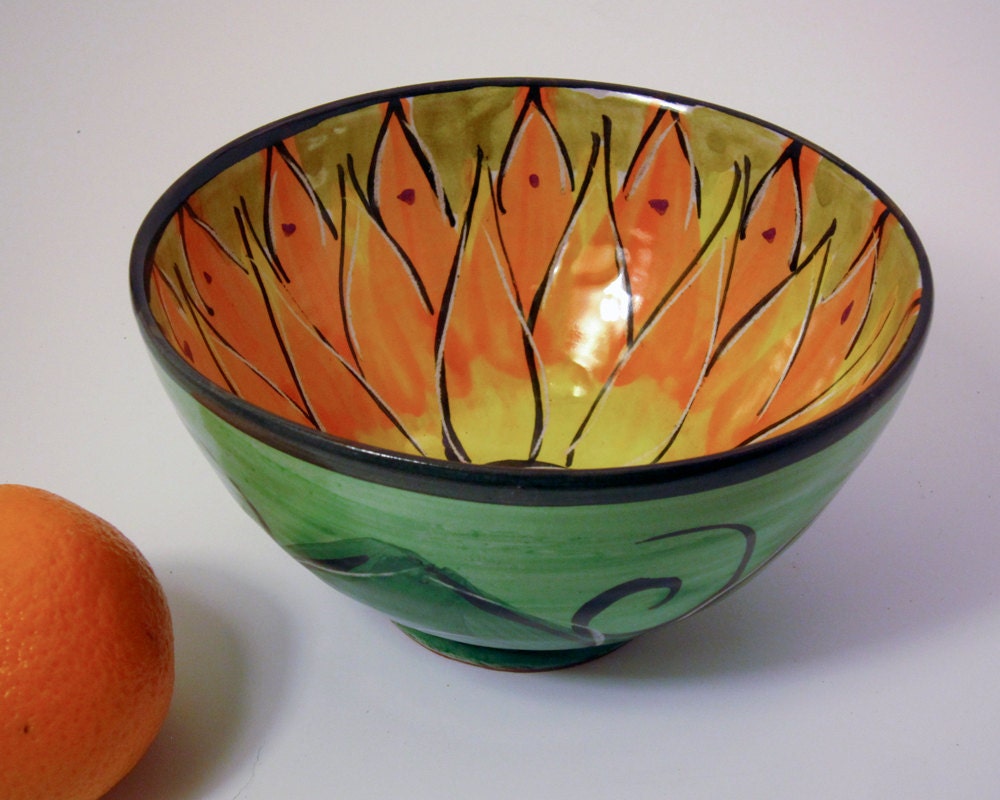 Handmade Majolica Earthenware Clay Pottery Small Serving Bowl Orange Yellow Lotus Flower / Clay Lick Creek Pottery