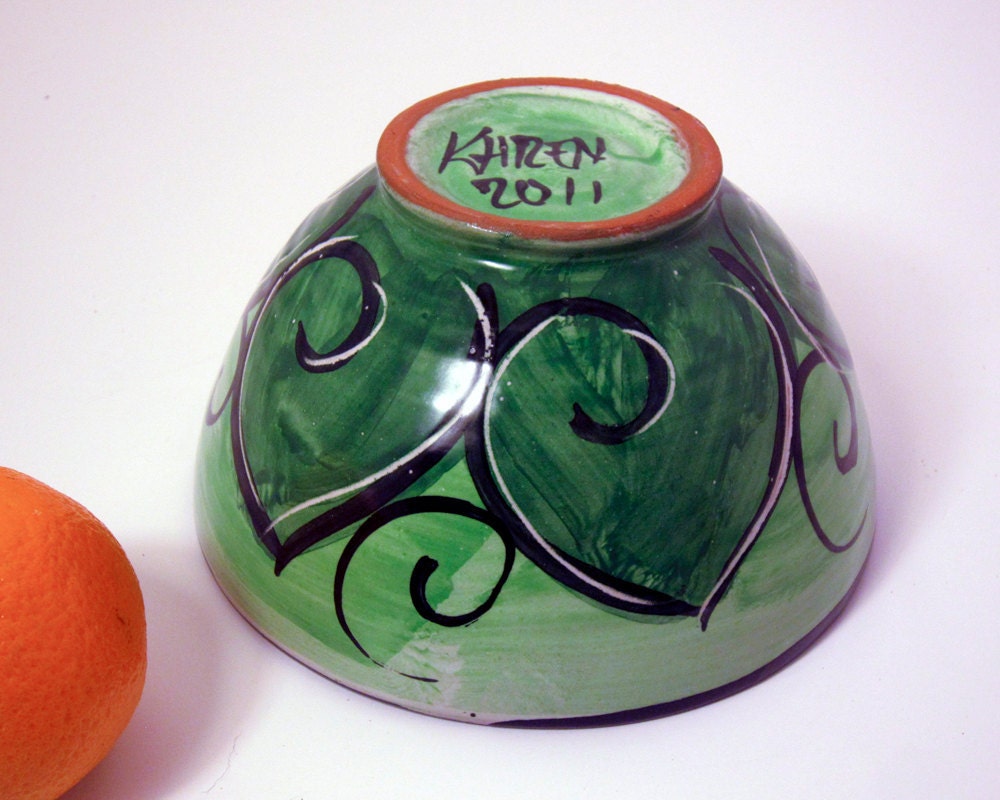 Handmade Majolica Earthenware Clay Pottery Small Serving Bowl Orange Yellow Lotus Flower / Clay Lick Creek Pottery