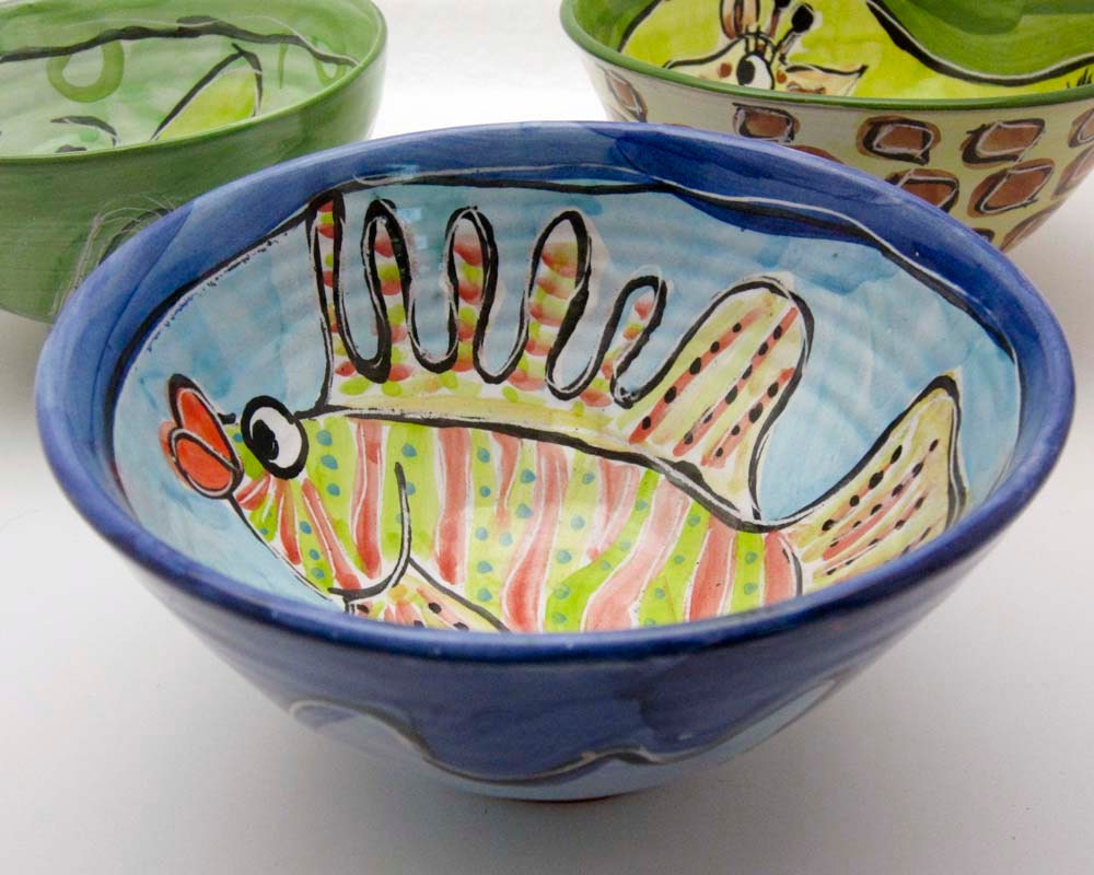 Handmade Ceramic Pottery Majolica Bowl Serving Earthenware Clay Lion Fish Blue and Yellow Gold
