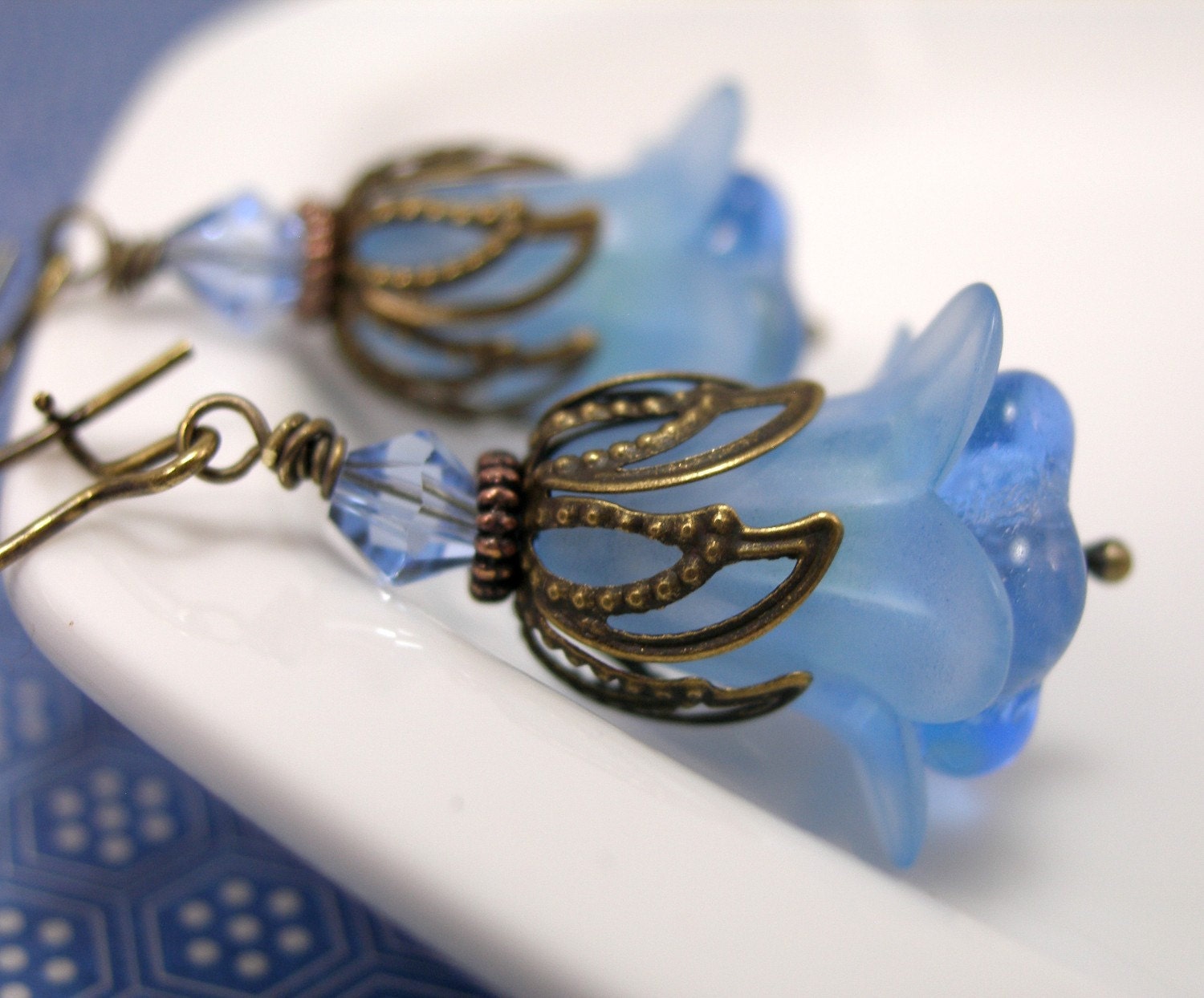 Sky Blue and Antique Brass Flower Earrings