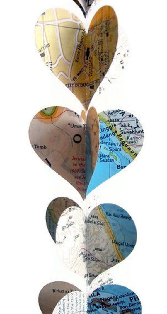 Map Heart Garland- Repurposed Vintage National Geographic Atlas- Handmade Mini Decoration- 30 Inches Long
