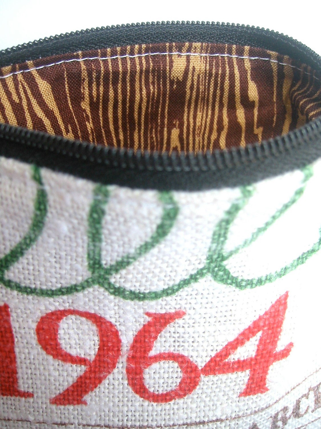 1964- Zipper Pouch- Vintage Calendar Tea Towel- Brown Faux Bois Lining