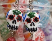 Glass Sugar Skull and Red Drop Earrings