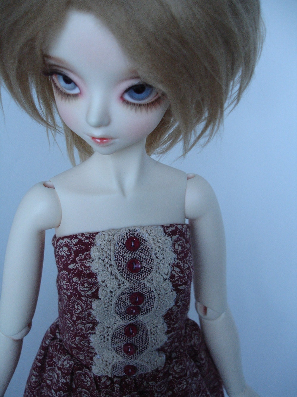 Sale: OOAK Burgundy and ivory strapless dress with vintage lace for SD13 BJD