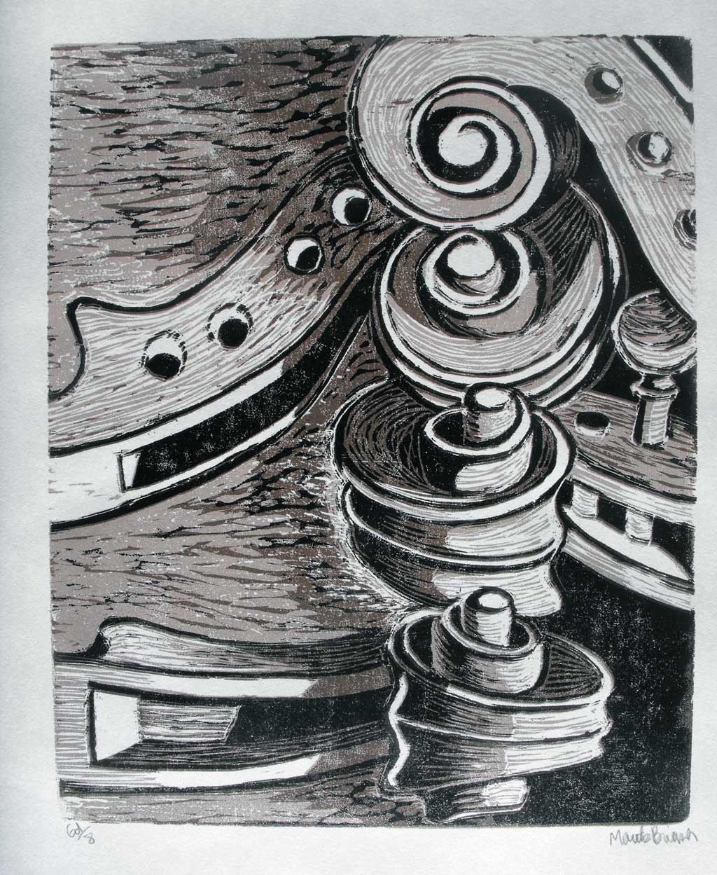 Violin Scroll Stack - original reduction  woodblock print