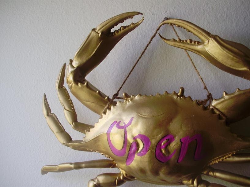 Up-cycled Hanging Crab Open Sign