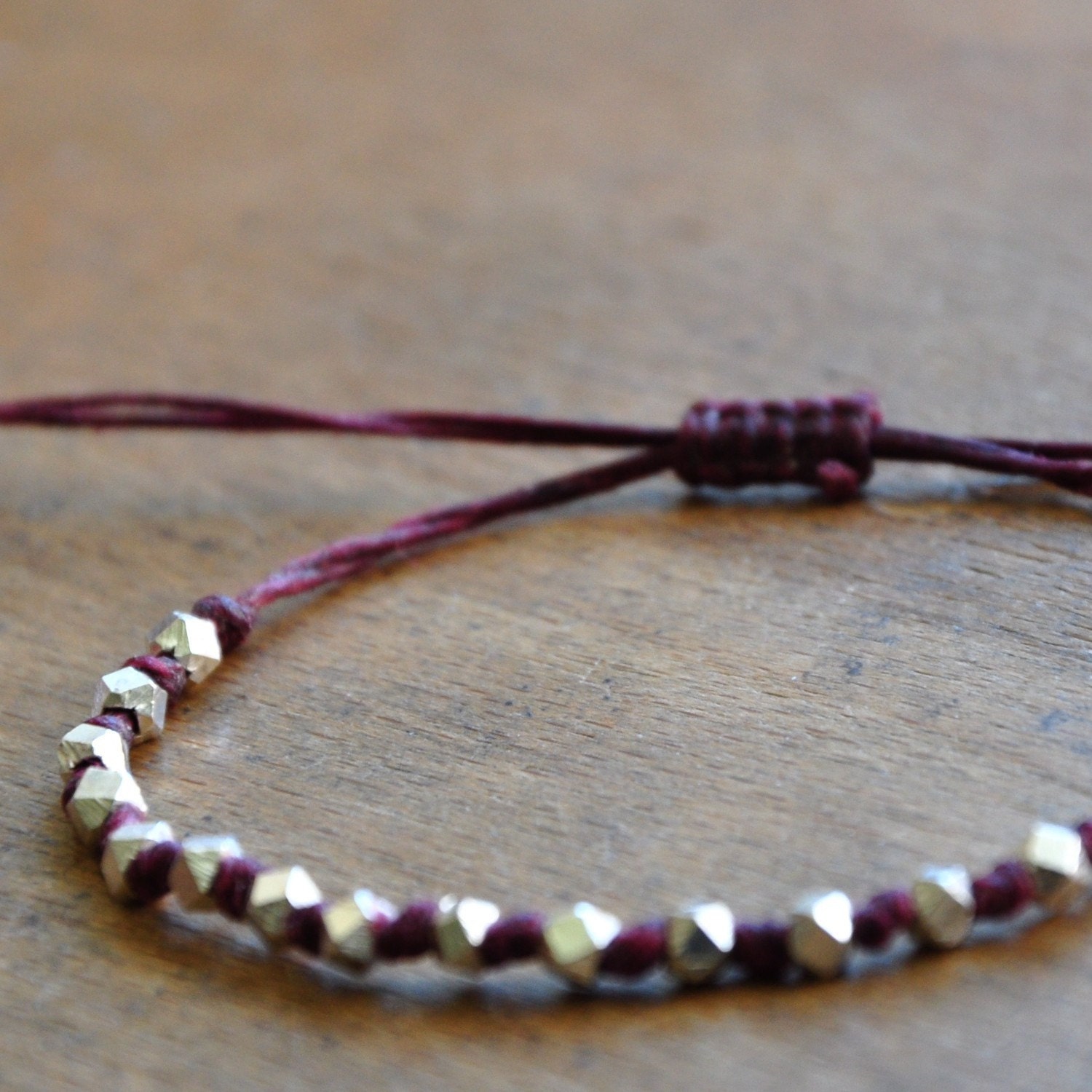 Faceted Fine Silver nuggets  hand knotted on Maroon waxed Irish linen cord bracelet