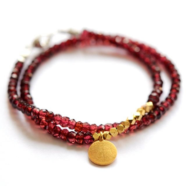 Gemstone wrap bracelet. Gold disc charm. Hand stamped