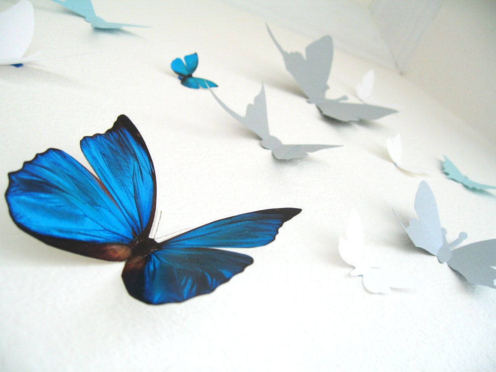 15 3D Wall Butterflies, 3D Wall Decor, 3D Butterfly Wall art, Blue, Silver, White, Nursery, Wedding Decor, Cardstock - SimplyChicLily
