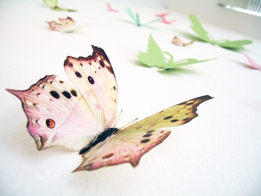 15 3D Wall Butterflies,3D Butterfly Wall Art, Decoration, Pink, Green, 3D Wall Decor,Nursery, Baby, Wedding Decor, Baby Shower, Girls Room