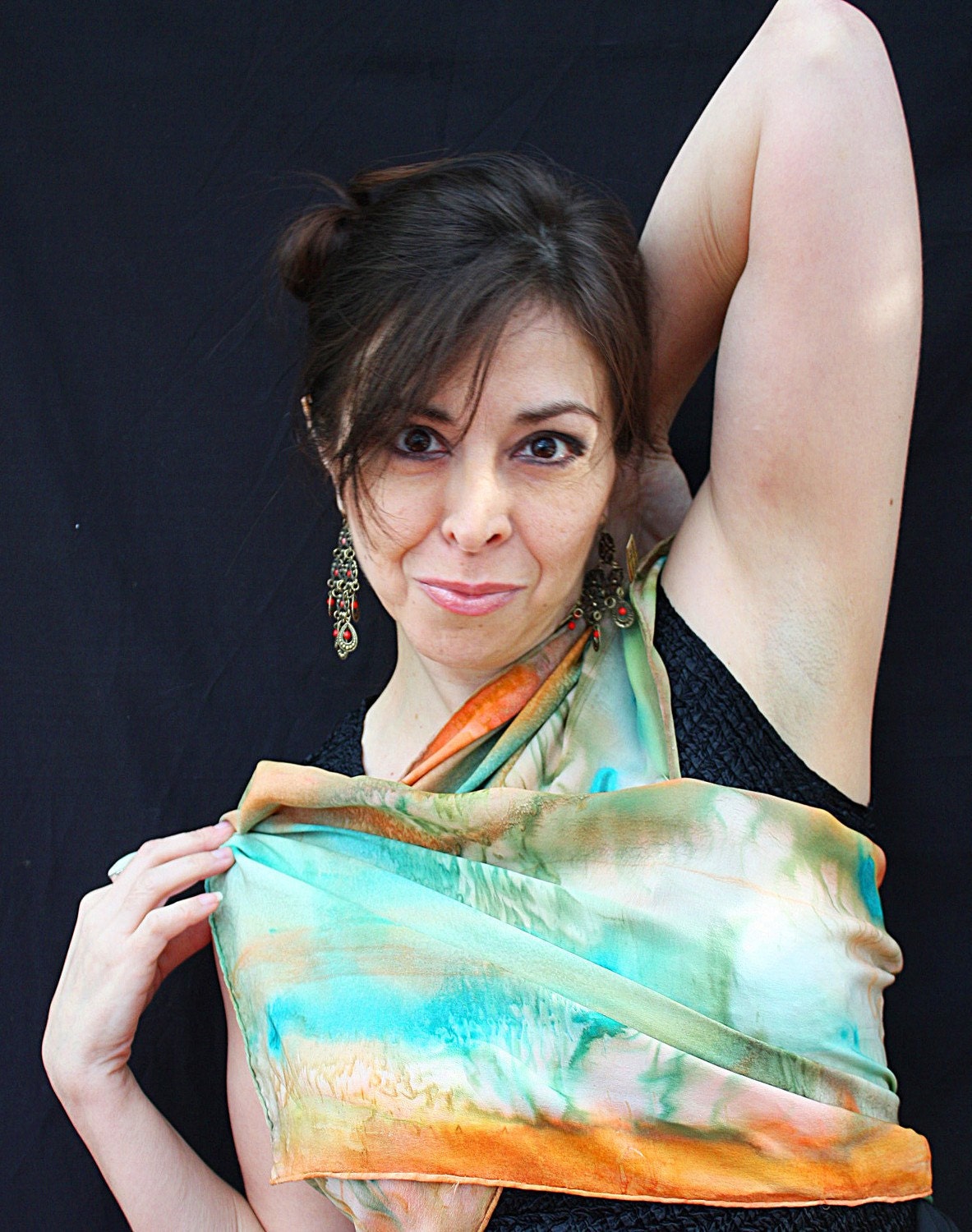 wearable art silk scarf  OOAK in turquoise and peach