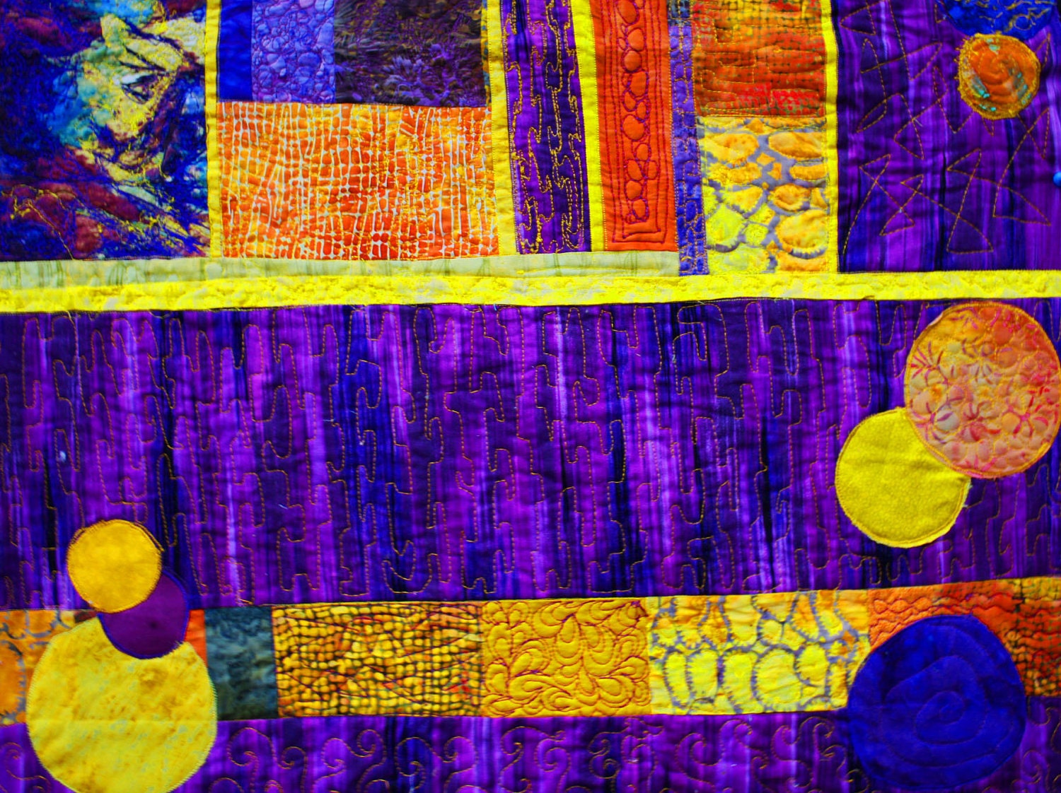 contemporary wall hanging,Reduced geometric art quilt in vibrant orange gold and purple