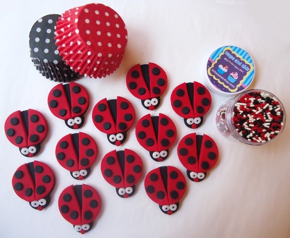 Fondant Cupcake Toppers - Ladybug Mini Party Package - Edible Ladybug Toppers