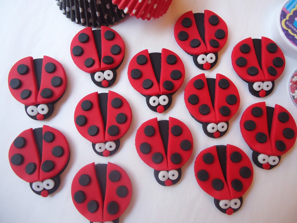Fondant Cupcake Toppers - Ladybug Mini Party Package - Edible Ladybug Toppers