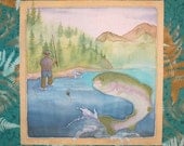 Quilt Block Fly Fisherman and Rainbow Trout Hand Painted on Cotton