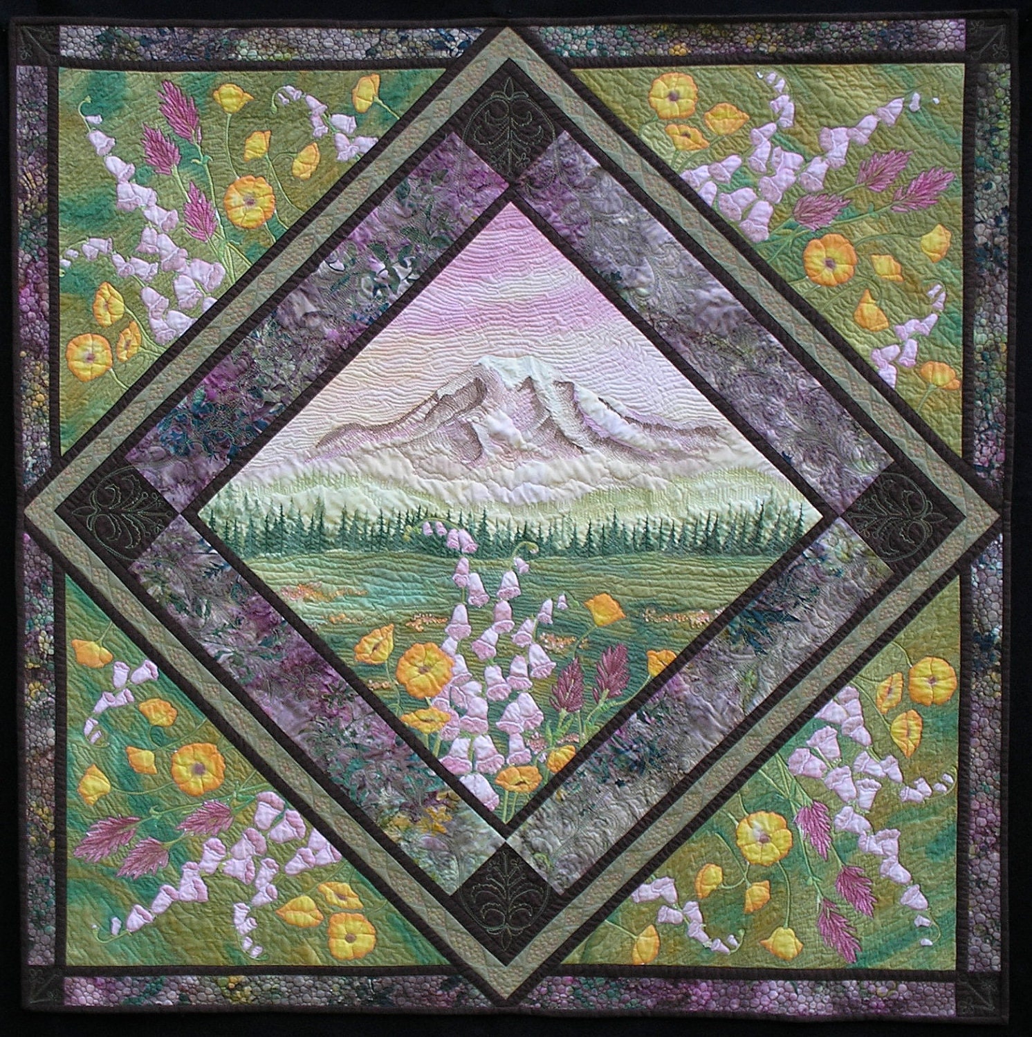 Art Quilt Wall Hanging Mt. Rainier Hand Painted